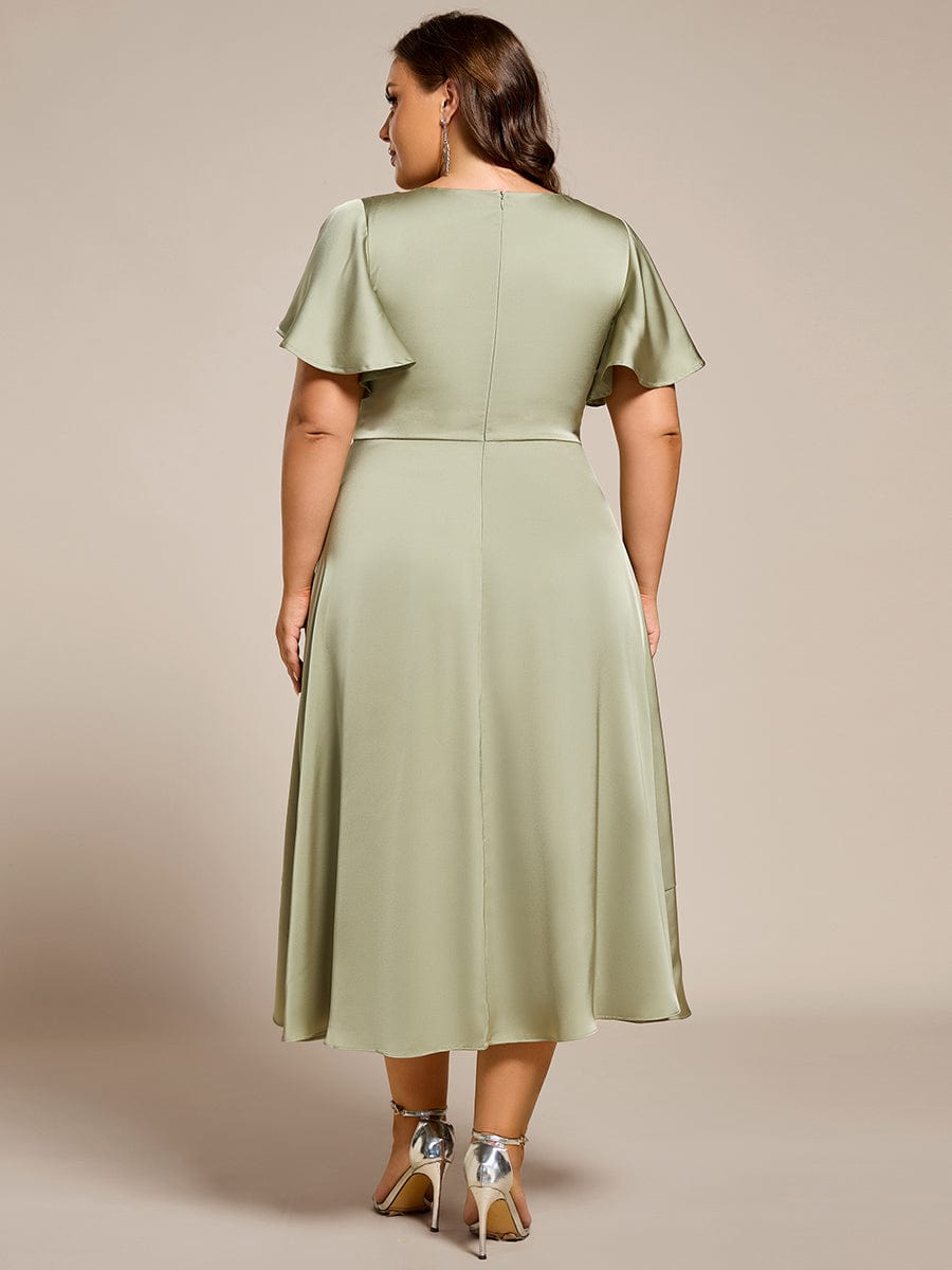 Plus Size V-Neck Satin Midi Dress with Ruffled Skirt #color_Sage Green