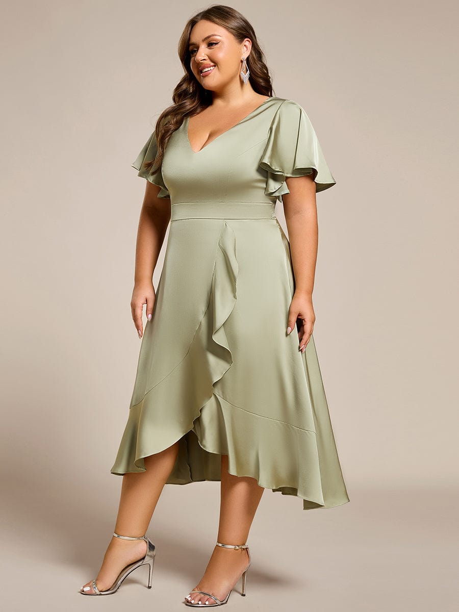 Plus Size V-Neck Satin Midi Dress with Ruffled Skirt #color_Sage Green