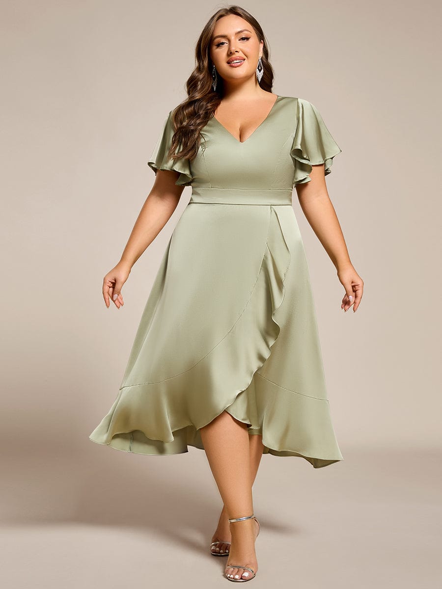 Plus Size V-Neck Satin Midi Dress with Ruffled Skirt #color_Sage Green