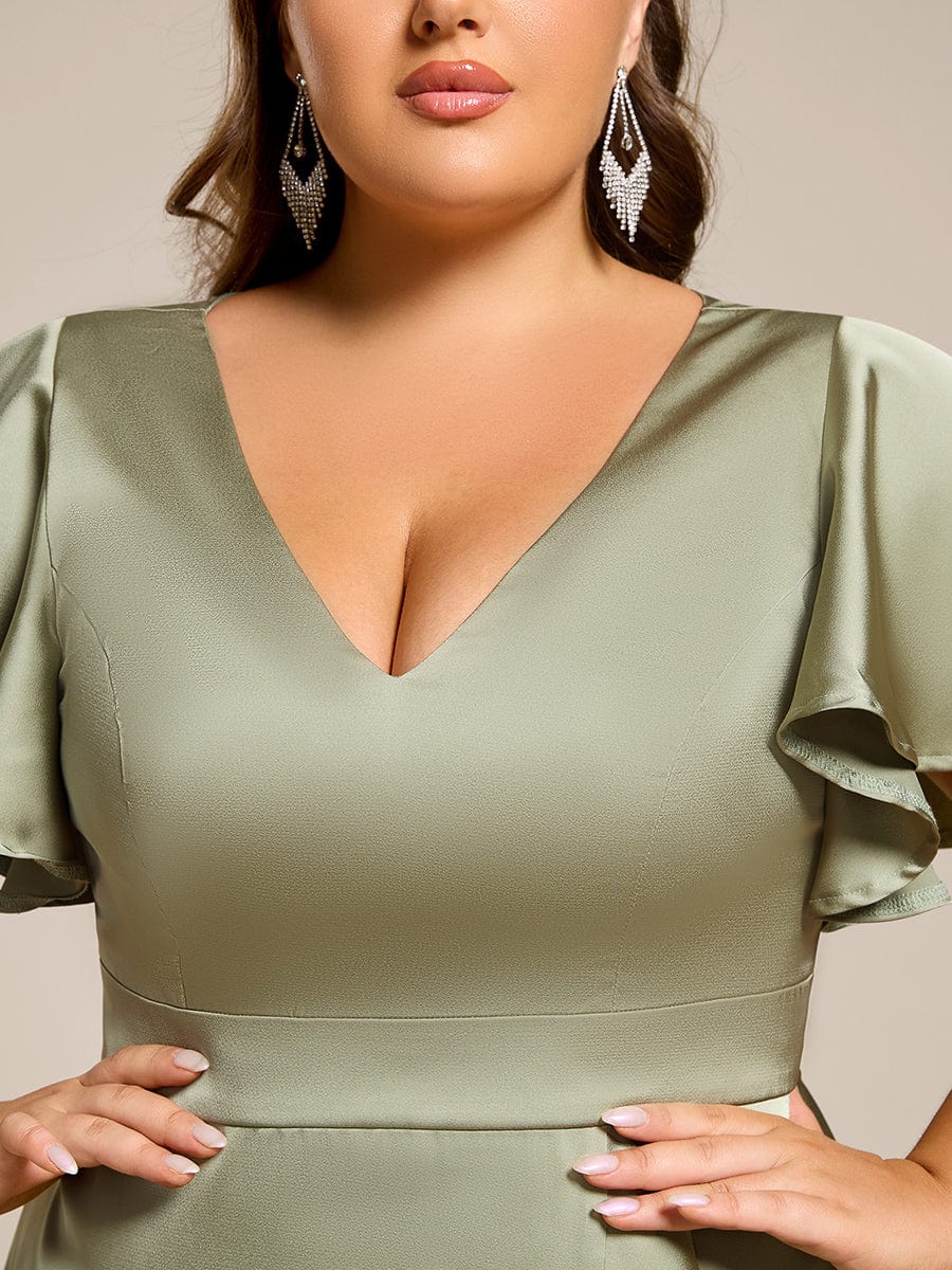 Plus Size V-Neck Satin Midi Dress with Ruffled Skirt #color_Sage Green