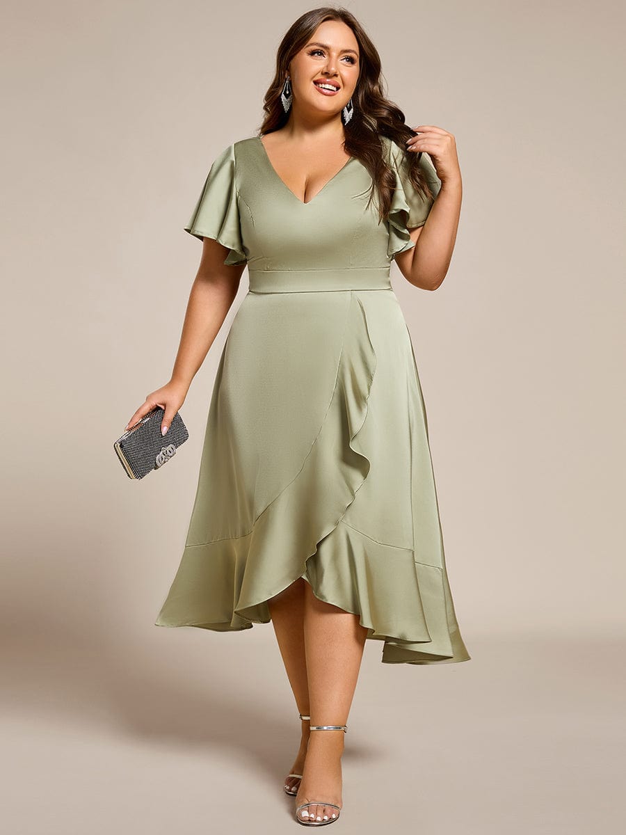 Plus Size V-Neck Satin Midi Dress with Ruffled Skirt #color_Sage Green