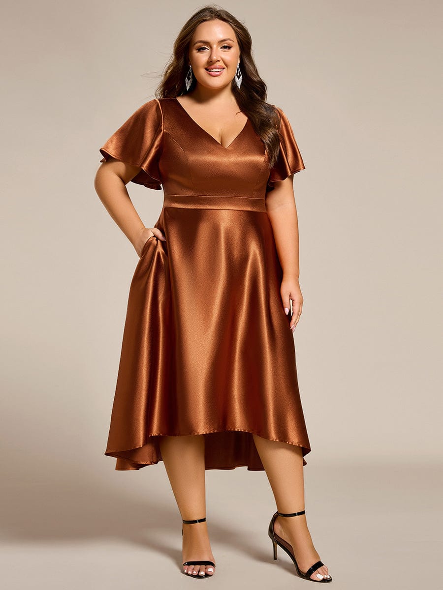 Plus Size Satin Midi Dress with Pockets #color_Copper