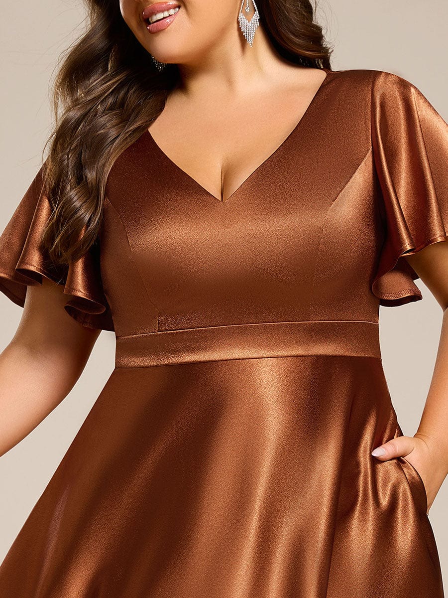 Plus Size Satin Midi Dress with Pockets #color_Copper