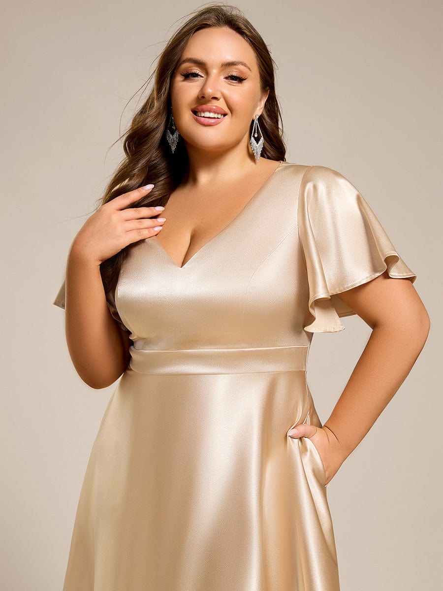 Plus Size Satin Midi Dress with Pockets #color_Champagne