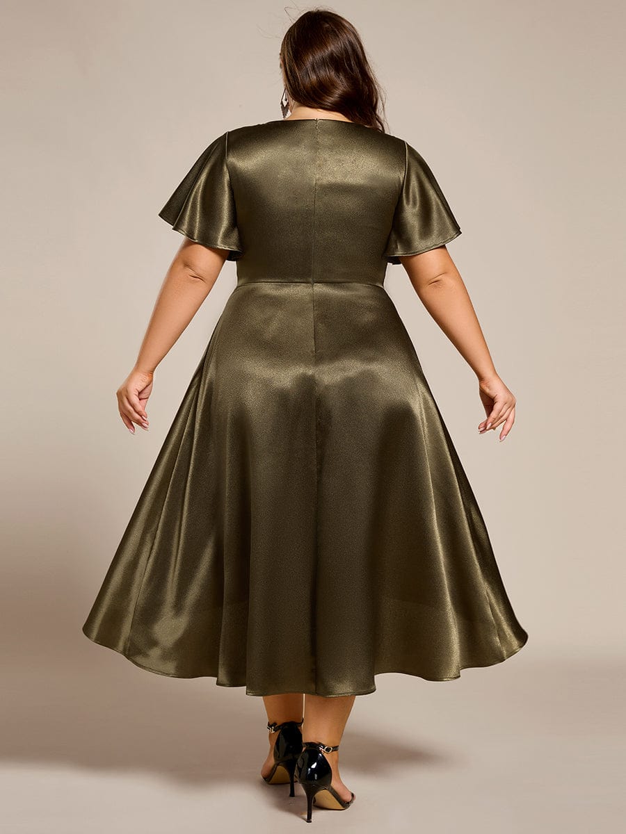 Plus Size Satin Midi Dress with Pockets #color_Olive Green