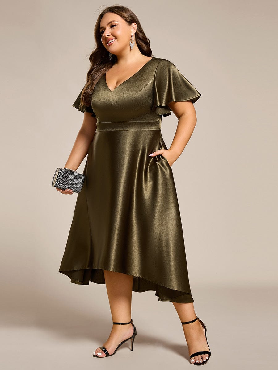 Plus Size Satin Midi Dress with Pockets #color_Olive Green