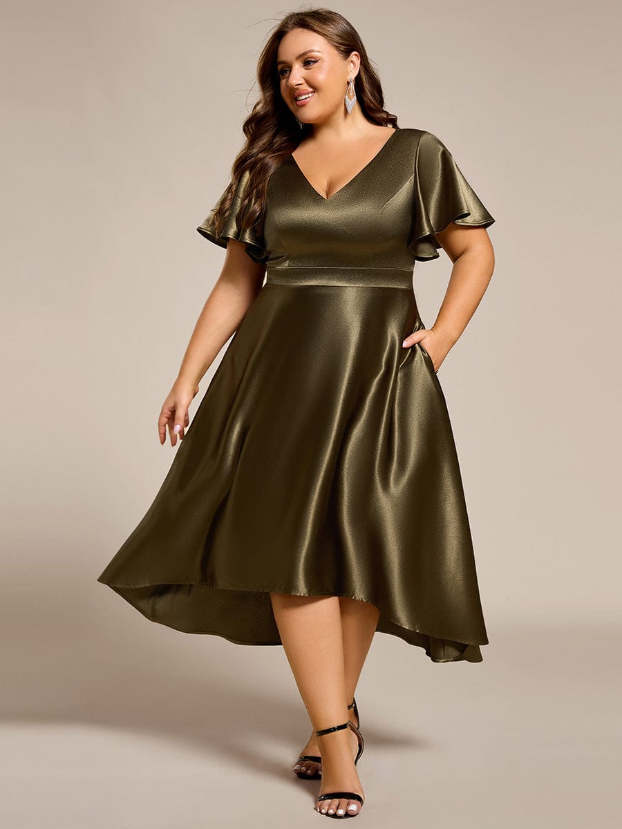 Plus Size Satin Midi Dress with Pockets #color_Olive Green