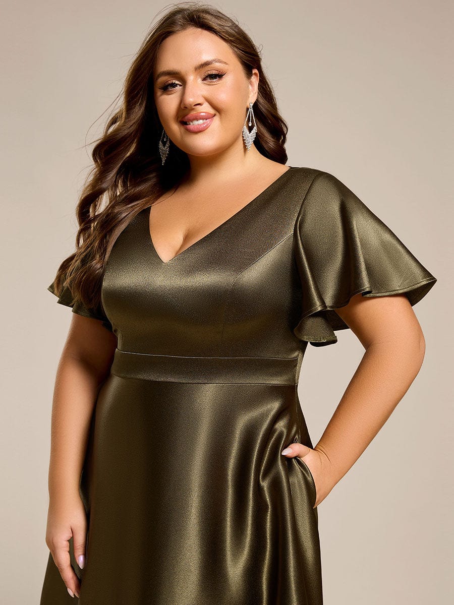 Plus Size Satin Midi Dress with Pockets #color_Olive Green