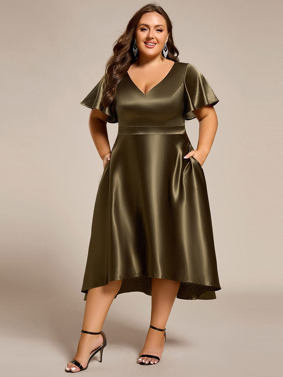 Plus Size Satin Midi Dress with Pockets #color_Olive Green