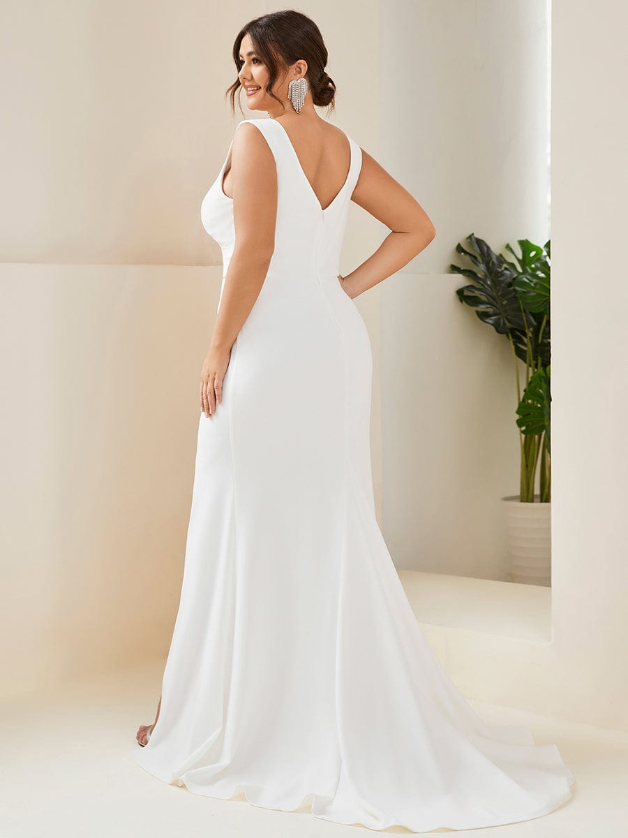 Plus Size Ruched High Slit Wedding Dress #color_White