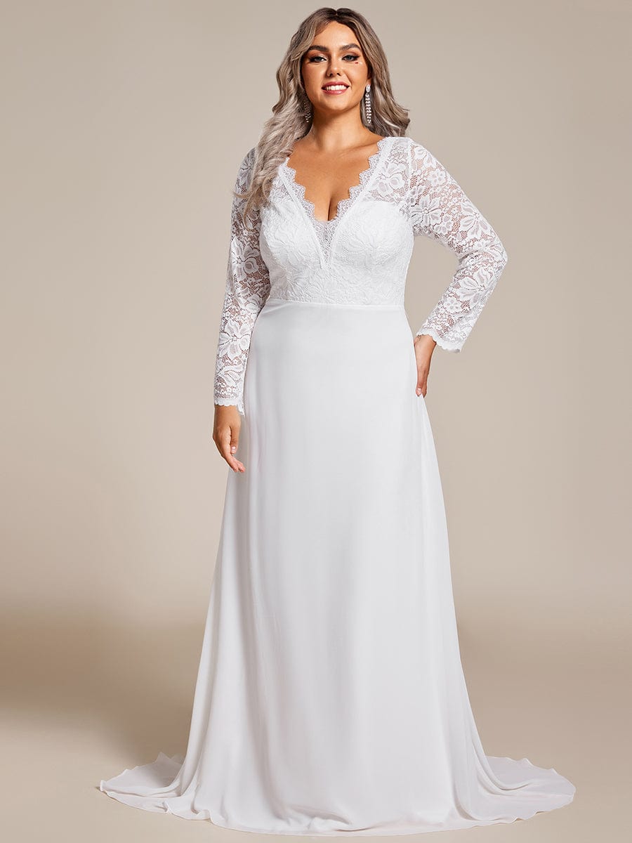 Plus Size Lace Long Sleeves V-neck Wedding Dress #color_White