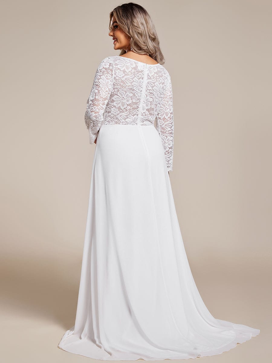 Plus Size Lace Long Sleeves V-neck Wedding Dress #color_White