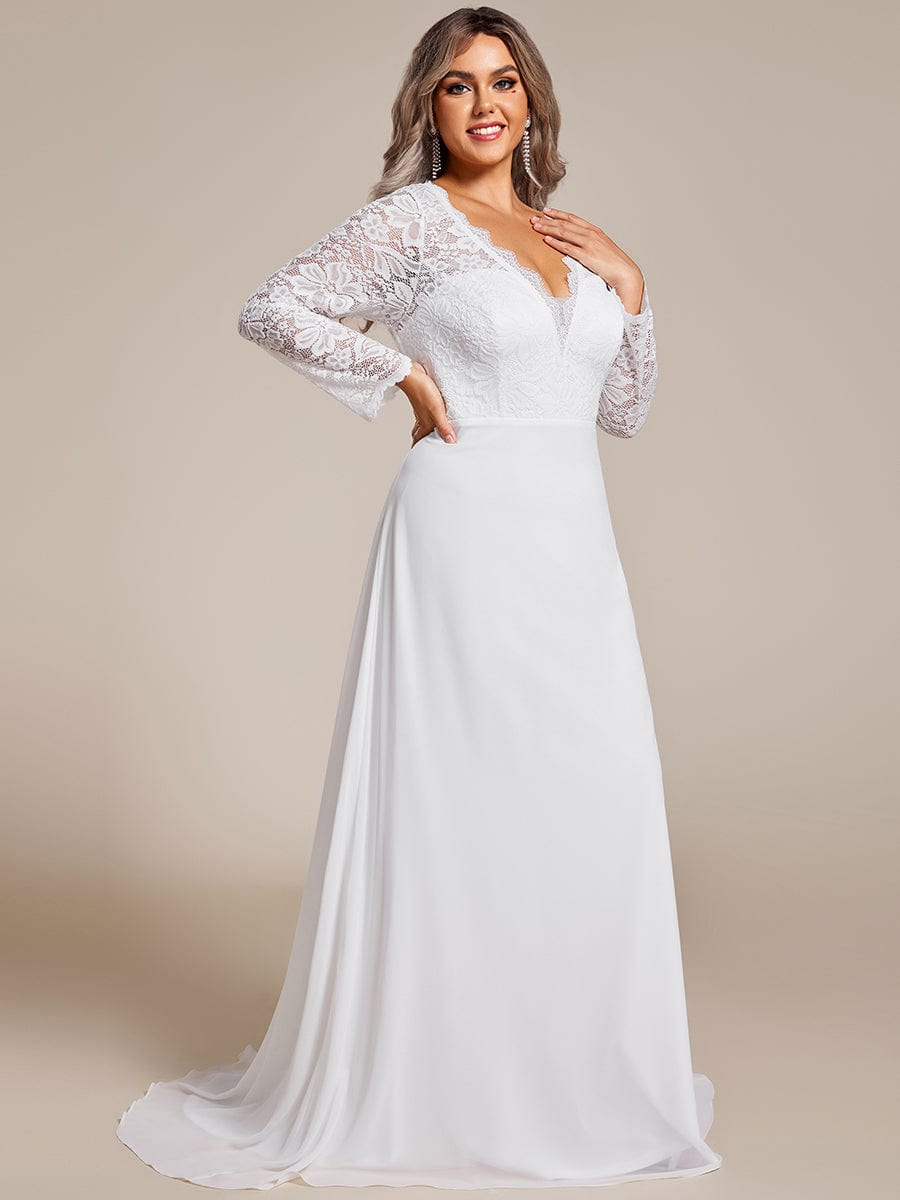 Plus Size Lace Long Sleeves V-neck Wedding Dress #color_White