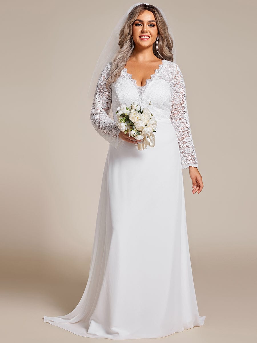 Plus Size Lace Long Sleeves V-neck Wedding Dress #color_White