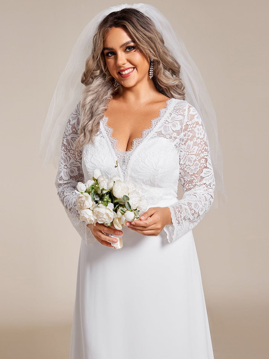 Plus Size Lace Long Sleeves V-neck Wedding Dress #color_White