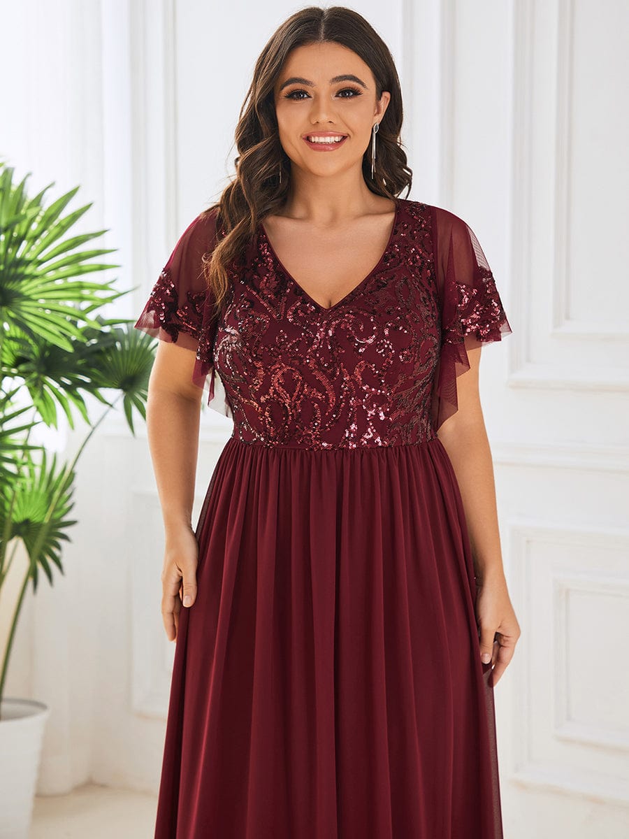 Sequin Chiffon Plus Size Maxi Dress with Short Sleeves #color_Burgundy