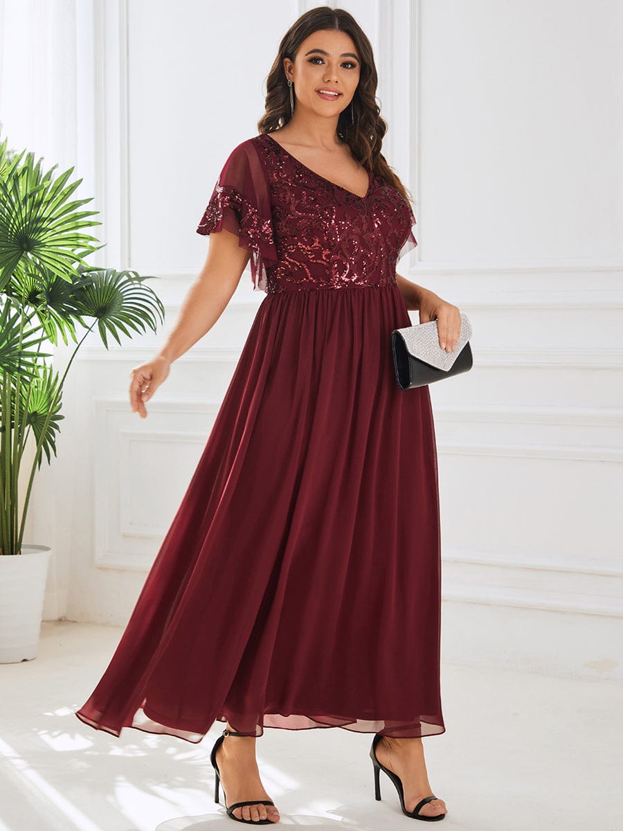 Sequin Chiffon Plus Size Maxi Dress with Short Sleeves #color_Burgundy