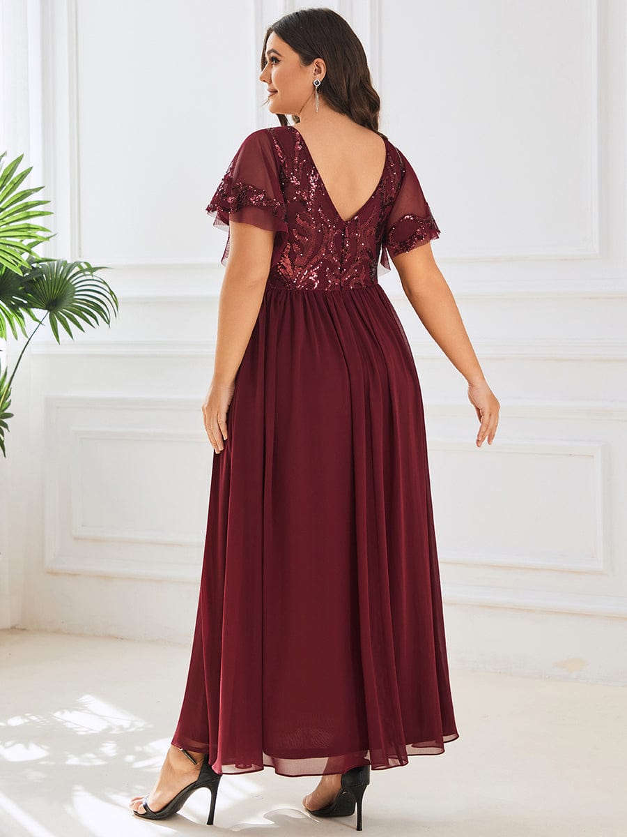 Sequin Chiffon Plus Size Maxi Dress with Short Sleeves #color_Burgundy