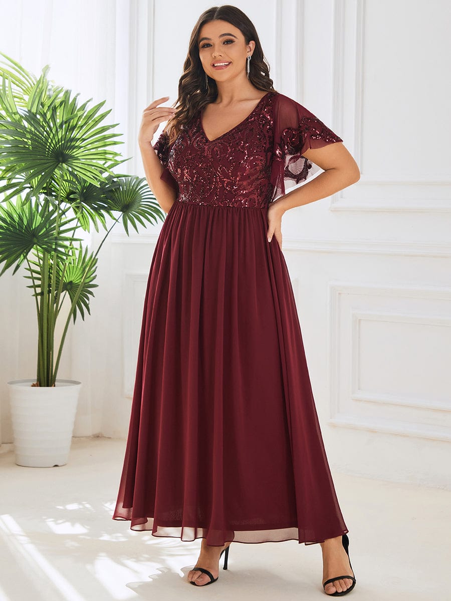 Sequin Chiffon Plus Size Maxi Dress with Short Sleeves #color_Burgundy