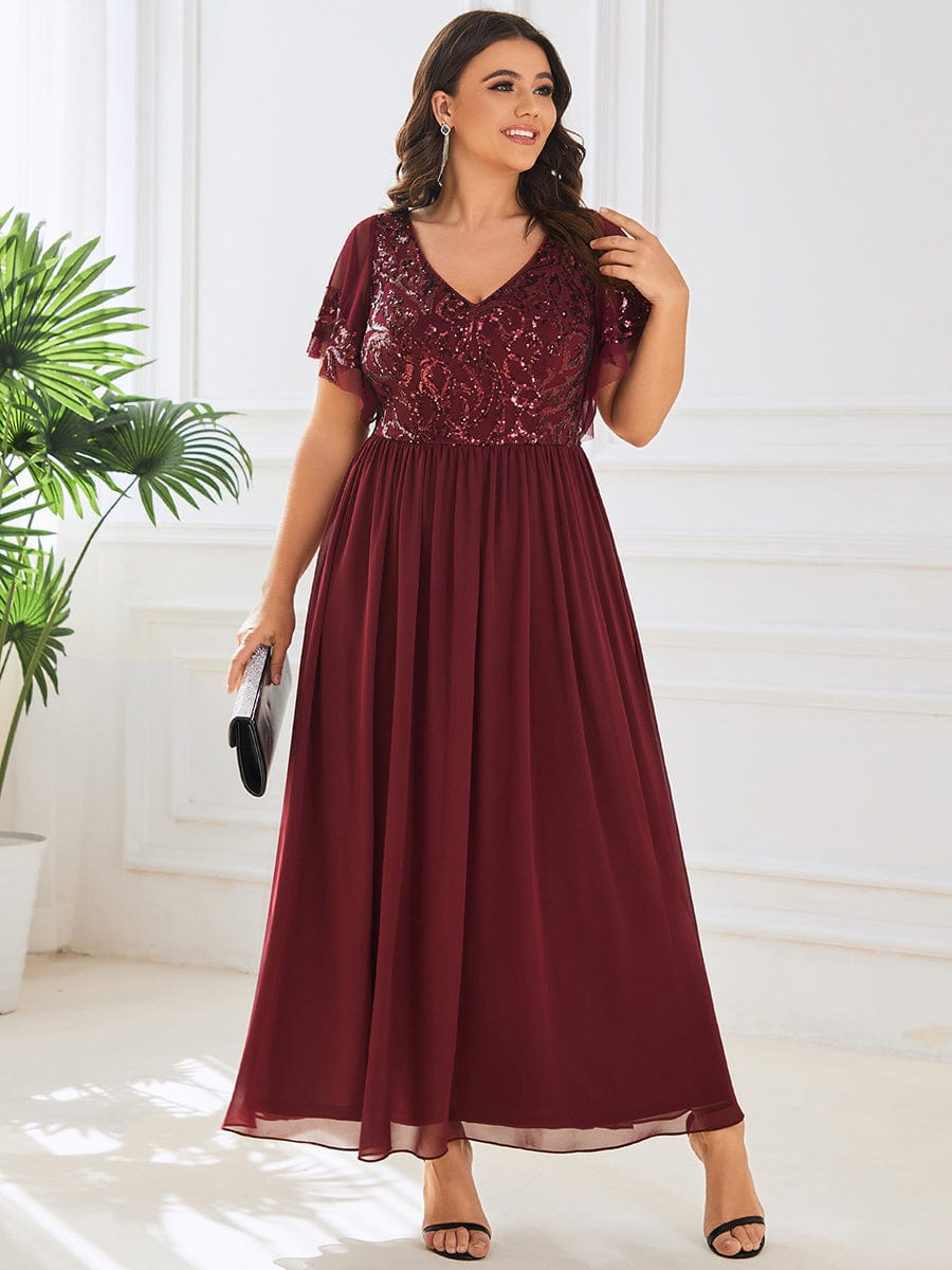 Sequin Chiffon Plus Size Maxi Dress with Short Sleeves #color_Burgundy