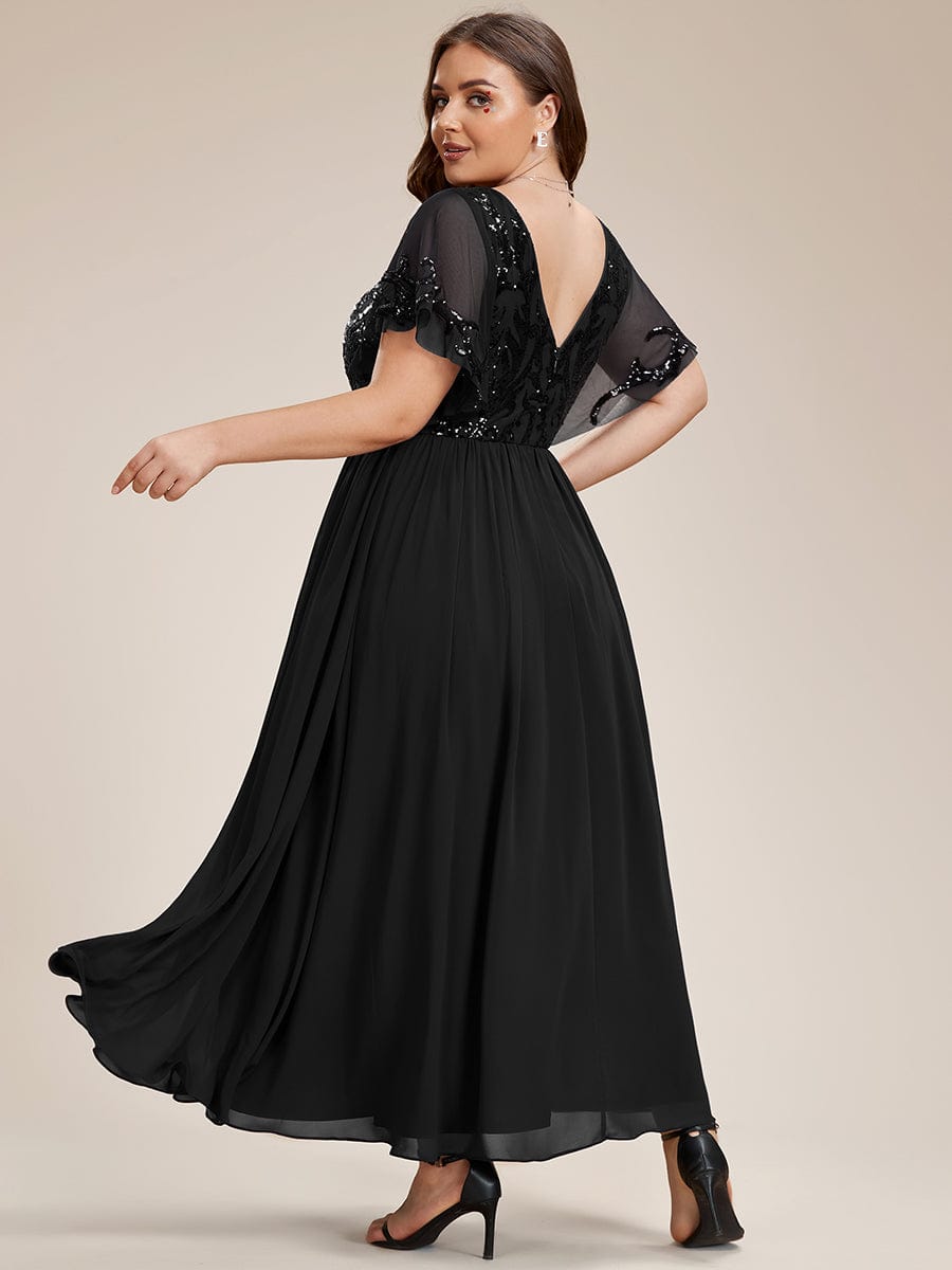 Sequin Chiffon Plus Size Maxi Dress with Short Sleeves #color_Black