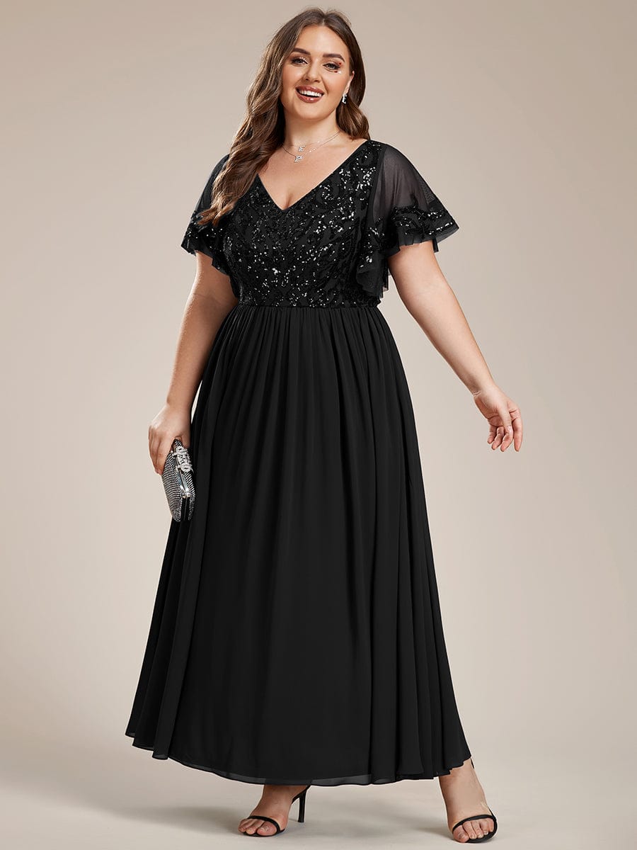 Sequin Chiffon Plus Size Maxi Dress with Short Sleeves #color_Black