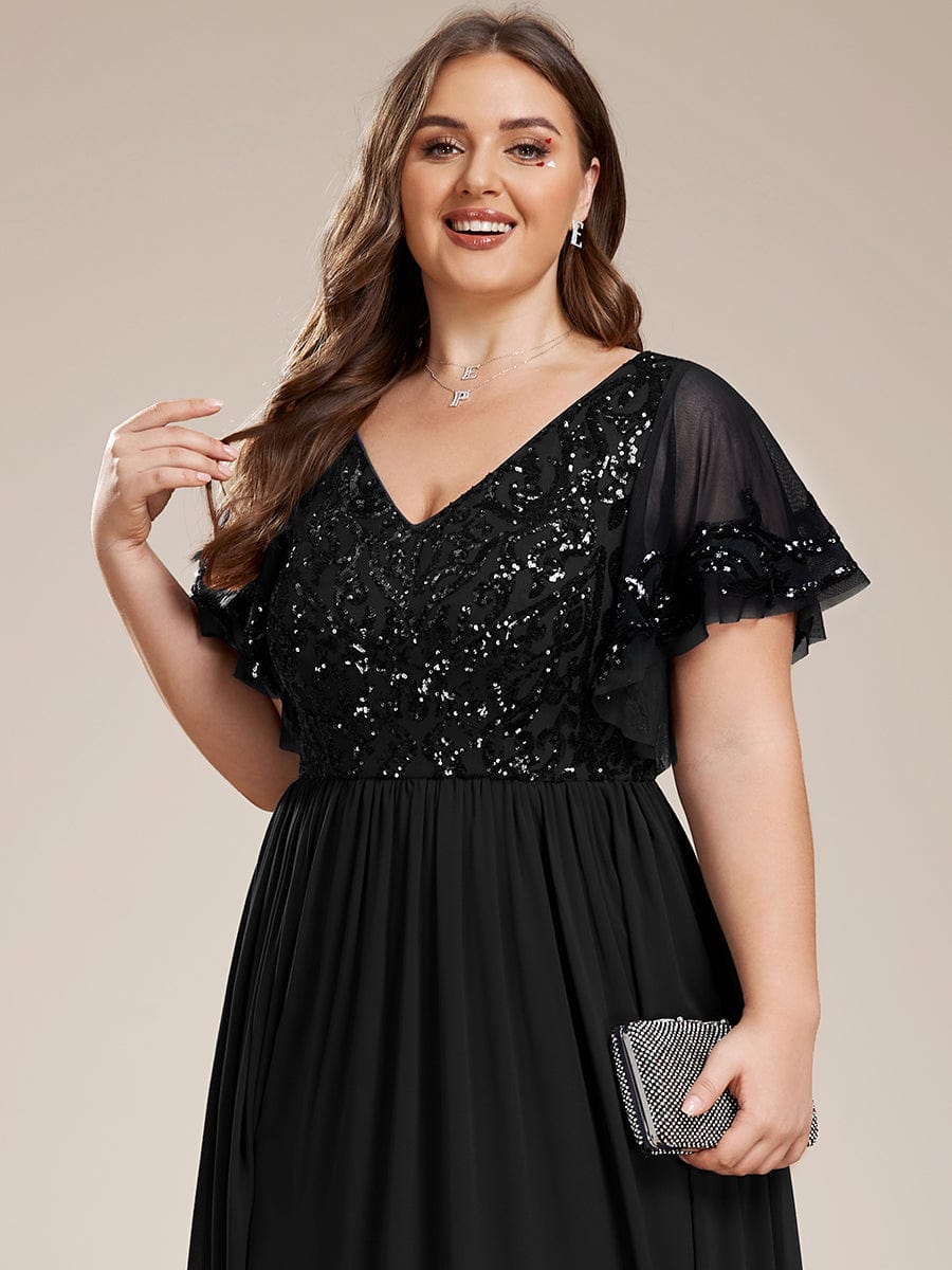 Sequin Chiffon Plus Size Maxi Dress with Short Sleeves #color_Black