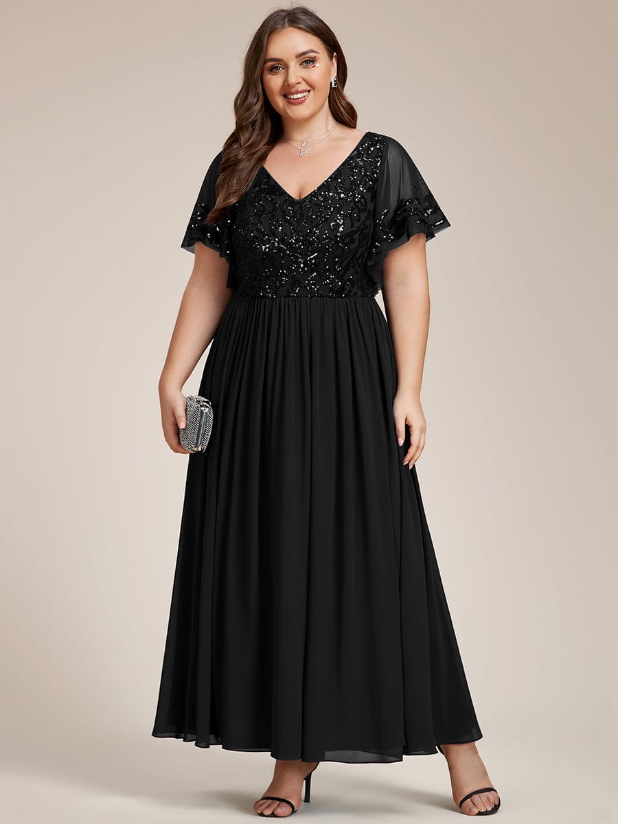 Sequin Chiffon Plus Size Maxi Dress with Short Sleeves #color_Black