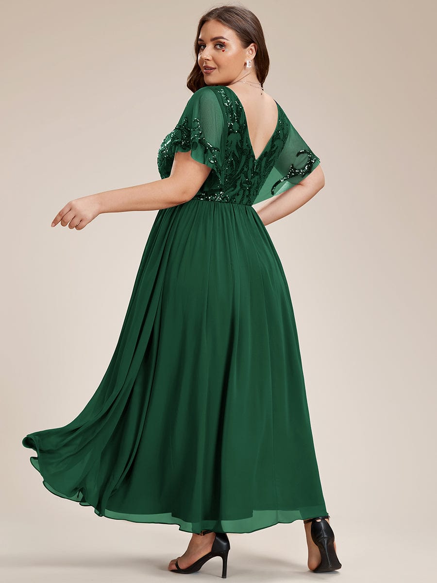 Sequin Chiffon Plus Size Maxi Dress with Short Sleeves #color_Dark Green