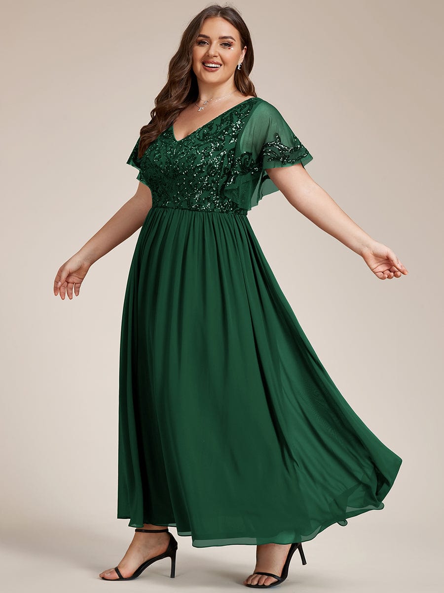 Sequin Chiffon Plus Size Maxi Dress with Short Sleeves #color_Dark Green