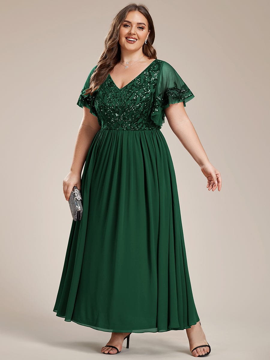 Sequin Chiffon Plus Size Maxi Dress with Short Sleeves #color_Dark Green