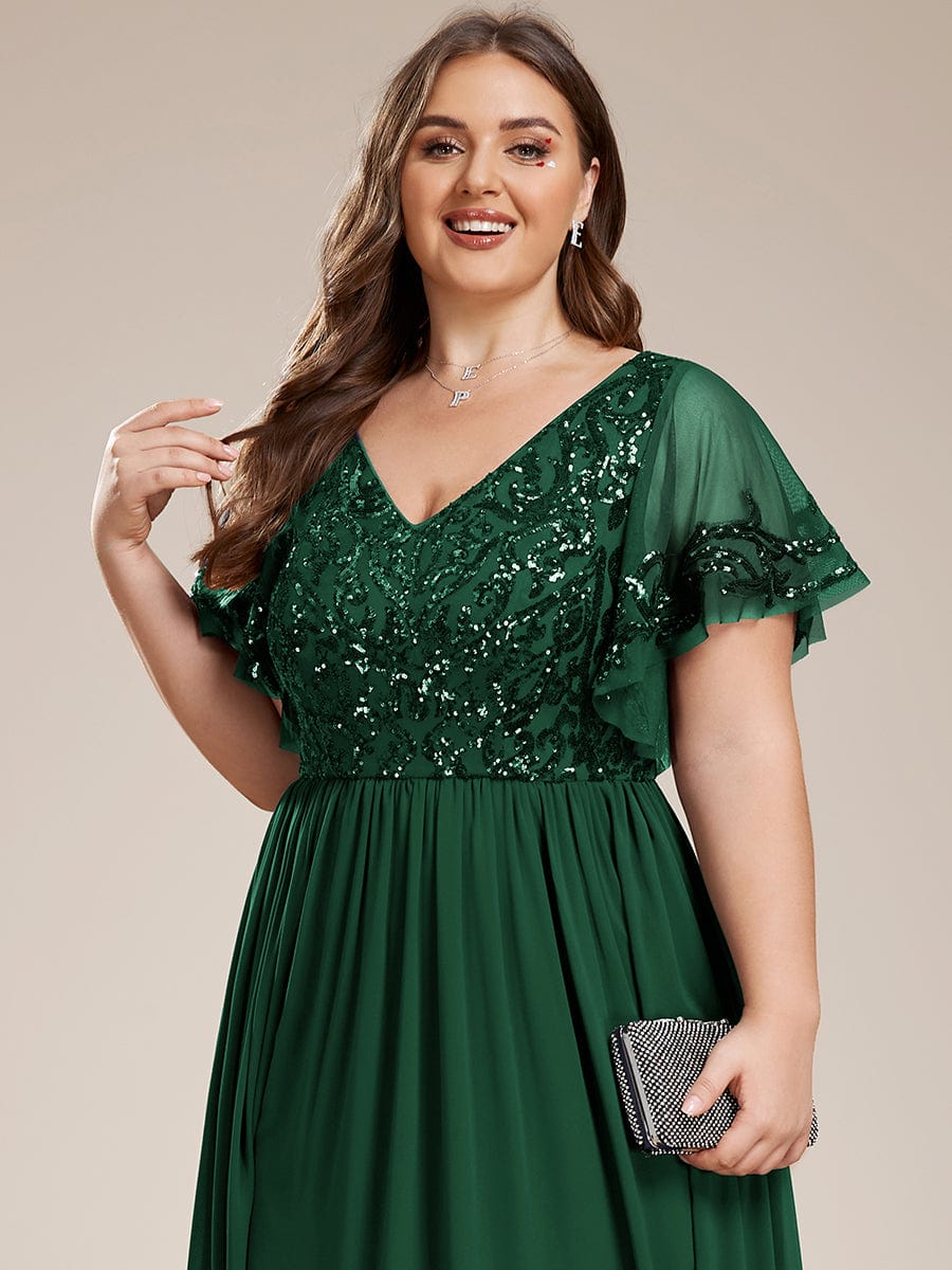 Sequin Chiffon Plus Size Maxi Dress with Short Sleeves #color_Dark Green