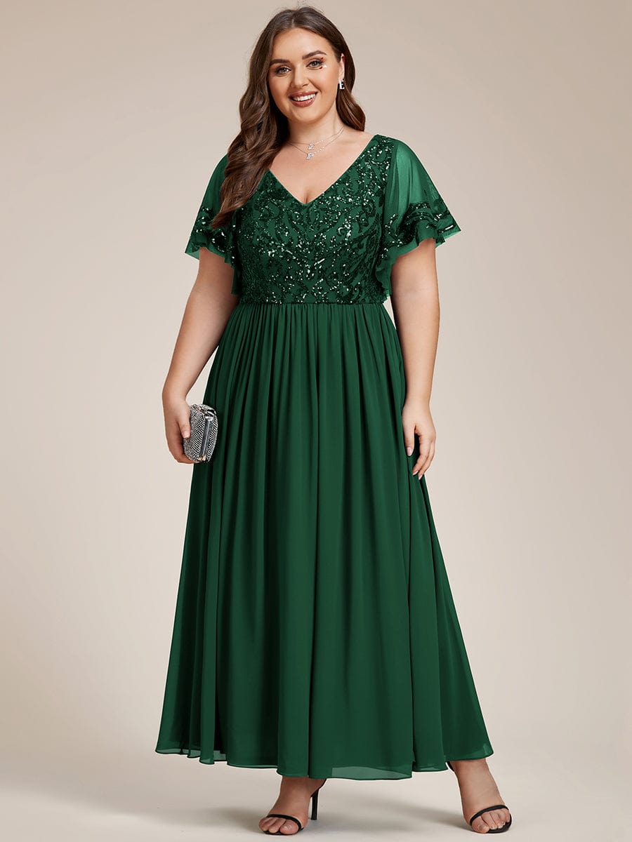 Sequin Chiffon Plus Size Maxi Dress with Short Sleeves #color_Dark Green