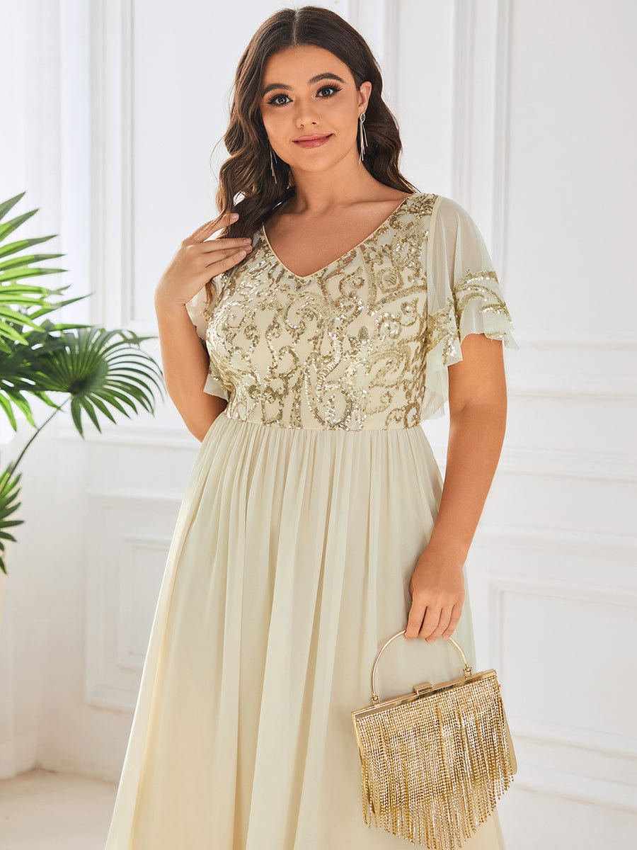 Sequin Chiffon Plus Size Maxi Dress with Short Sleeves #color_Gold