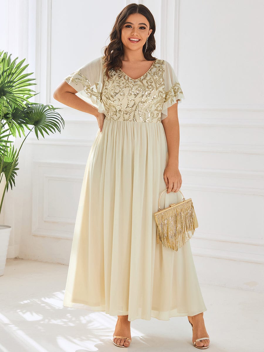 Sequin Chiffon Plus Size Maxi Dress with Short Sleeves #color_Gold