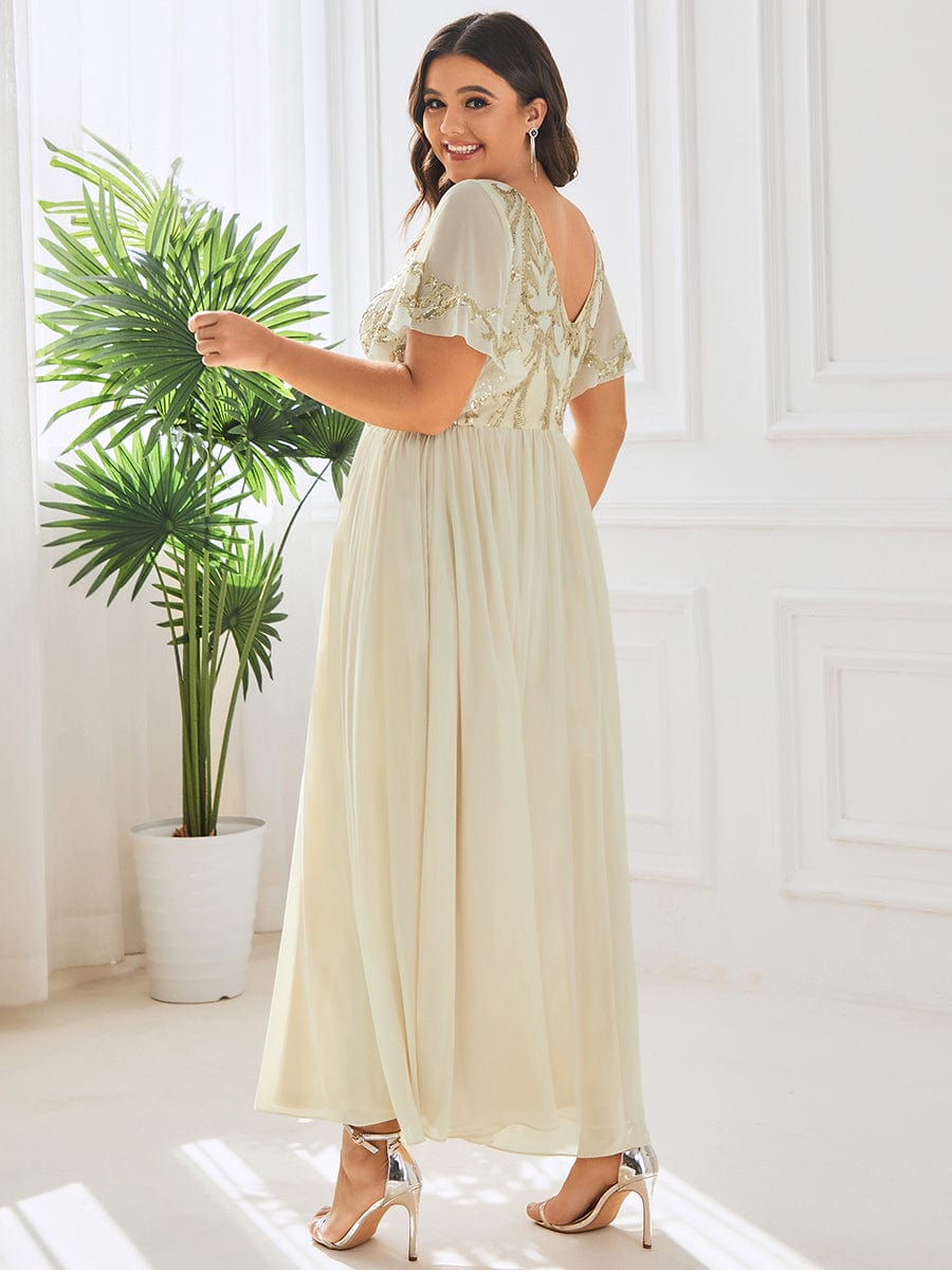 Sequin Chiffon Plus Size Maxi Dress with Short Sleeves #color_Gold