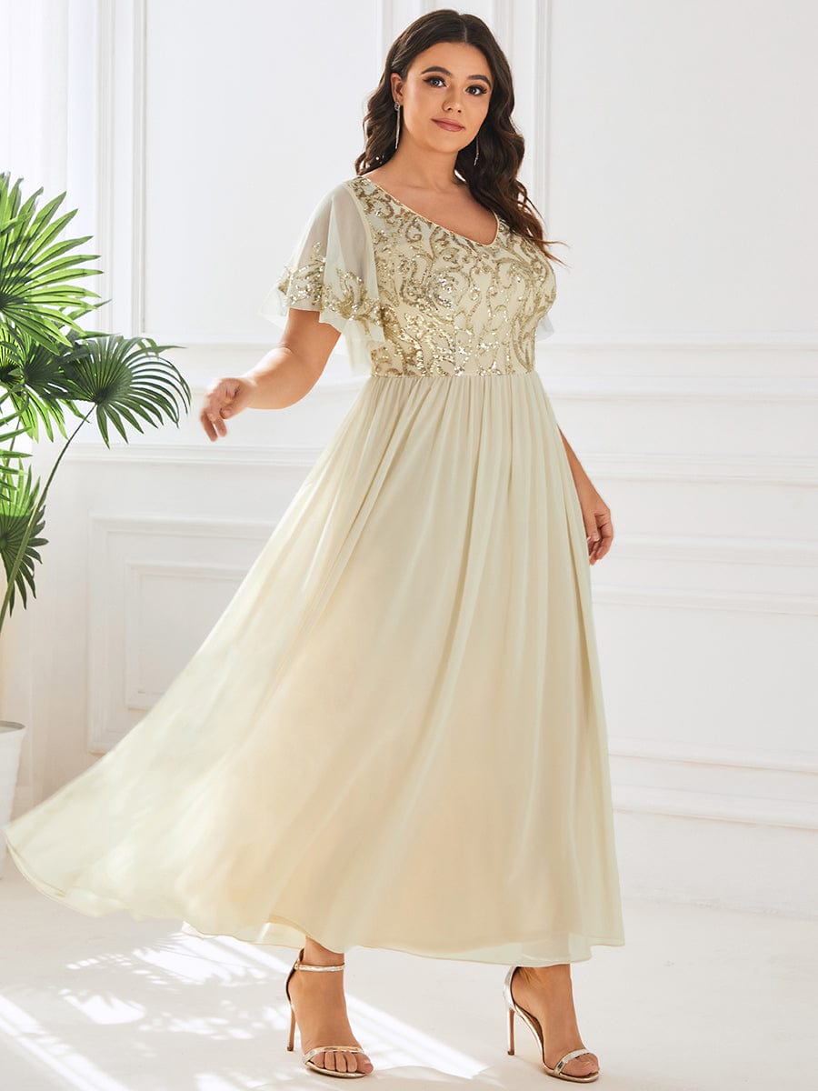 Sequin Chiffon Plus Size Maxi Dress with Short Sleeves #color_Gold