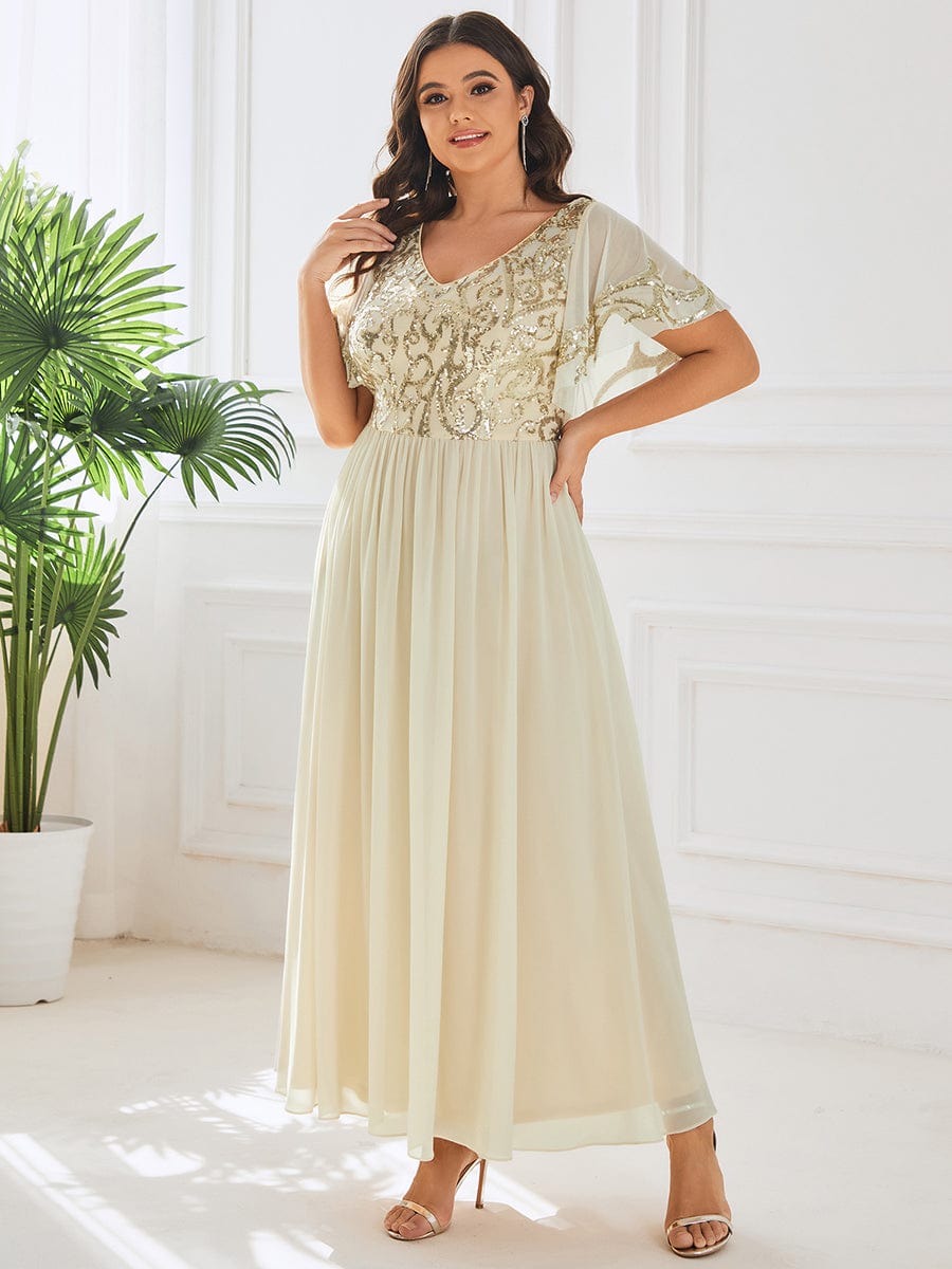 Sequin Chiffon Plus Size Maxi Dress with Short Sleeves #color_Gold