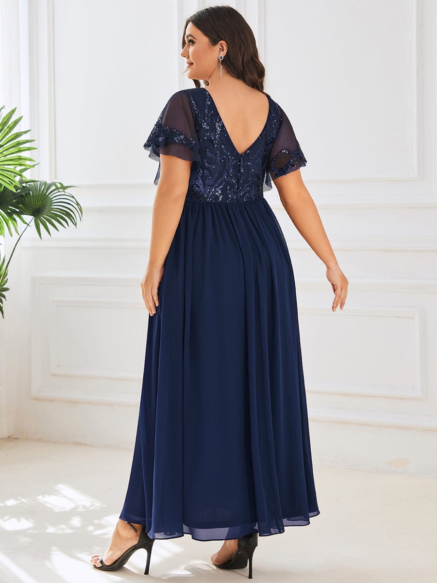 Sequin Chiffon Plus Size Maxi Dress with Short Sleeves #color_Navy Blue