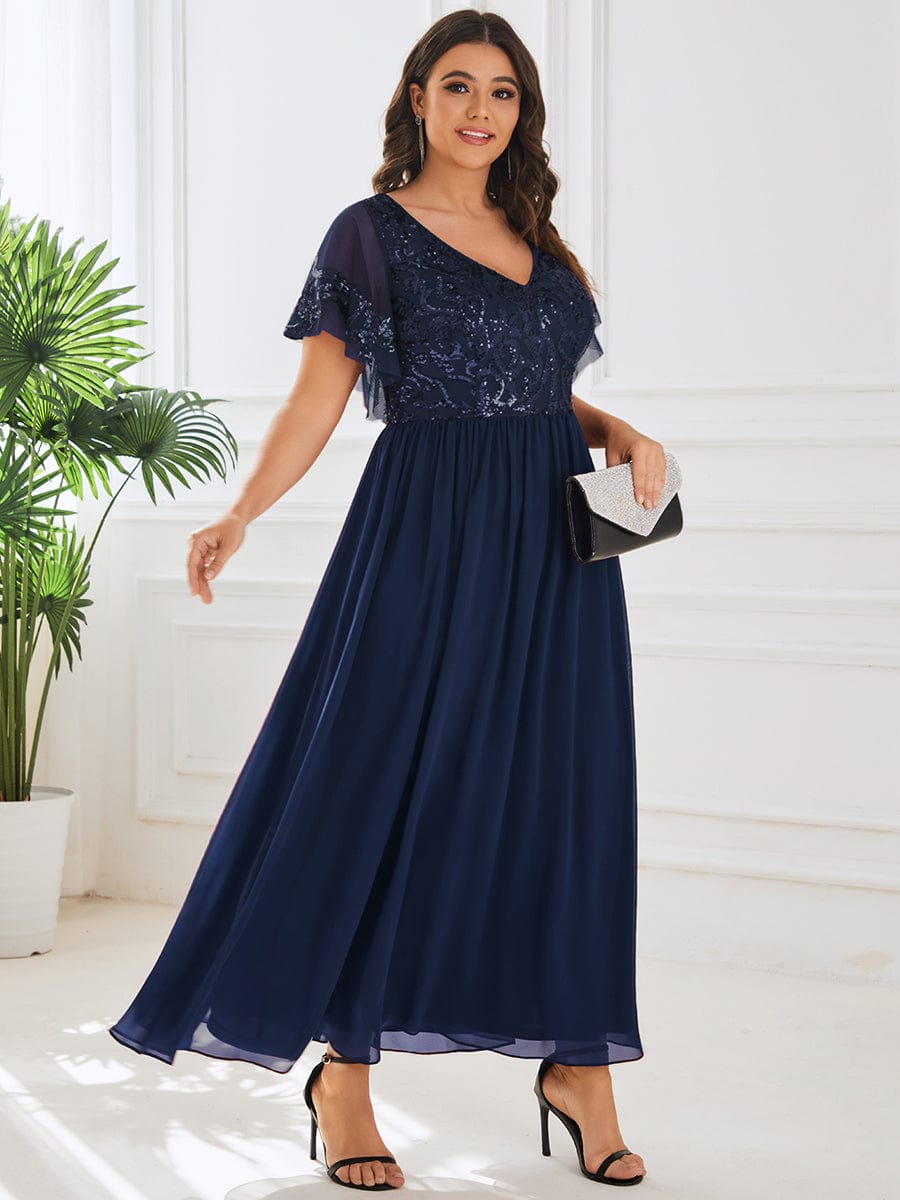 Sequin Chiffon Plus Size Maxi Dress with Short Sleeves #color_Navy Blue