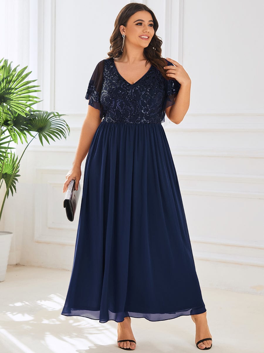 Sequin Chiffon Plus Size Maxi Dress with Short Sleeves #color_Navy Blue