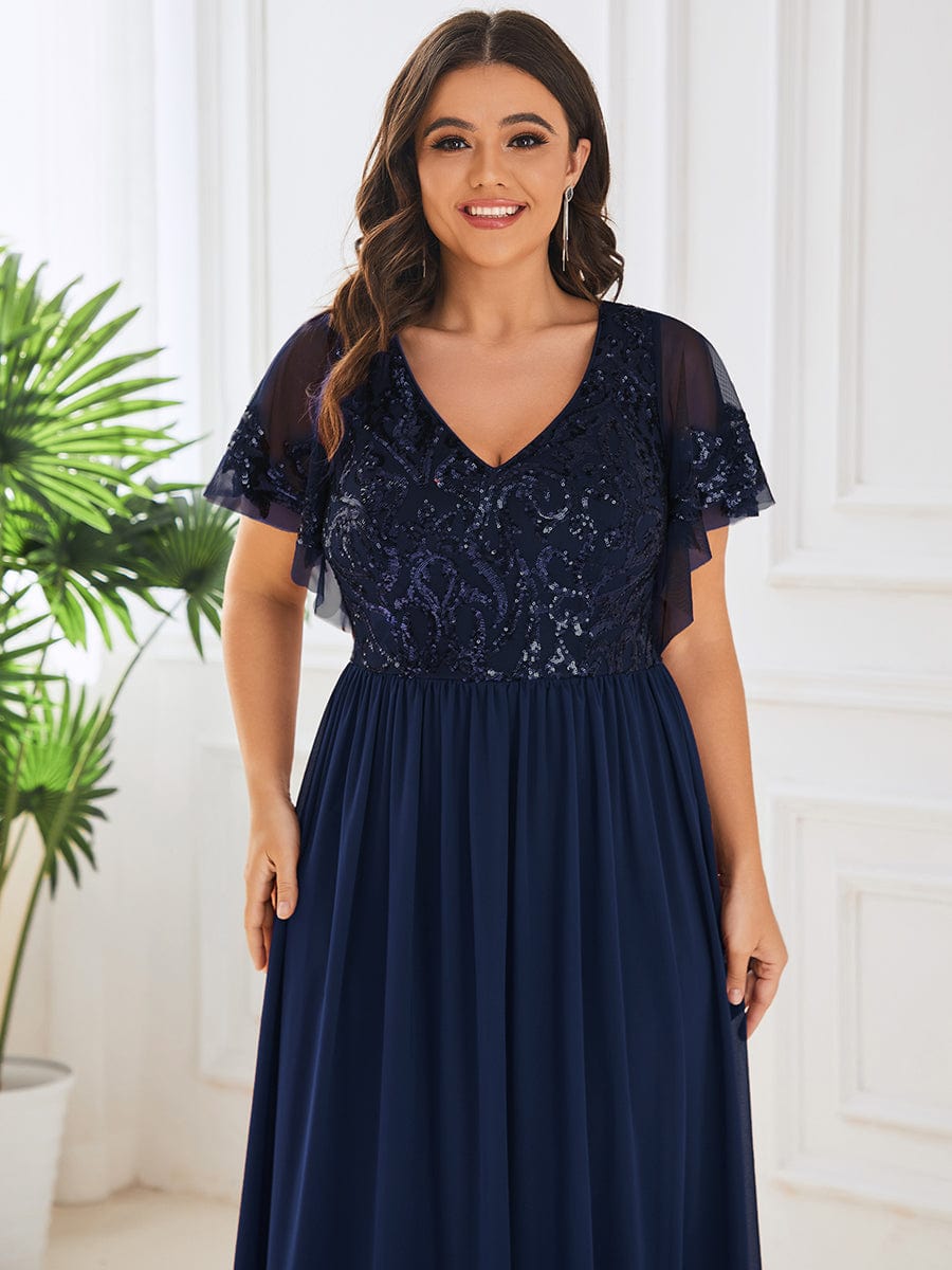 Sequin Chiffon Plus Size Maxi Dress with Short Sleeves #color_Navy Blue