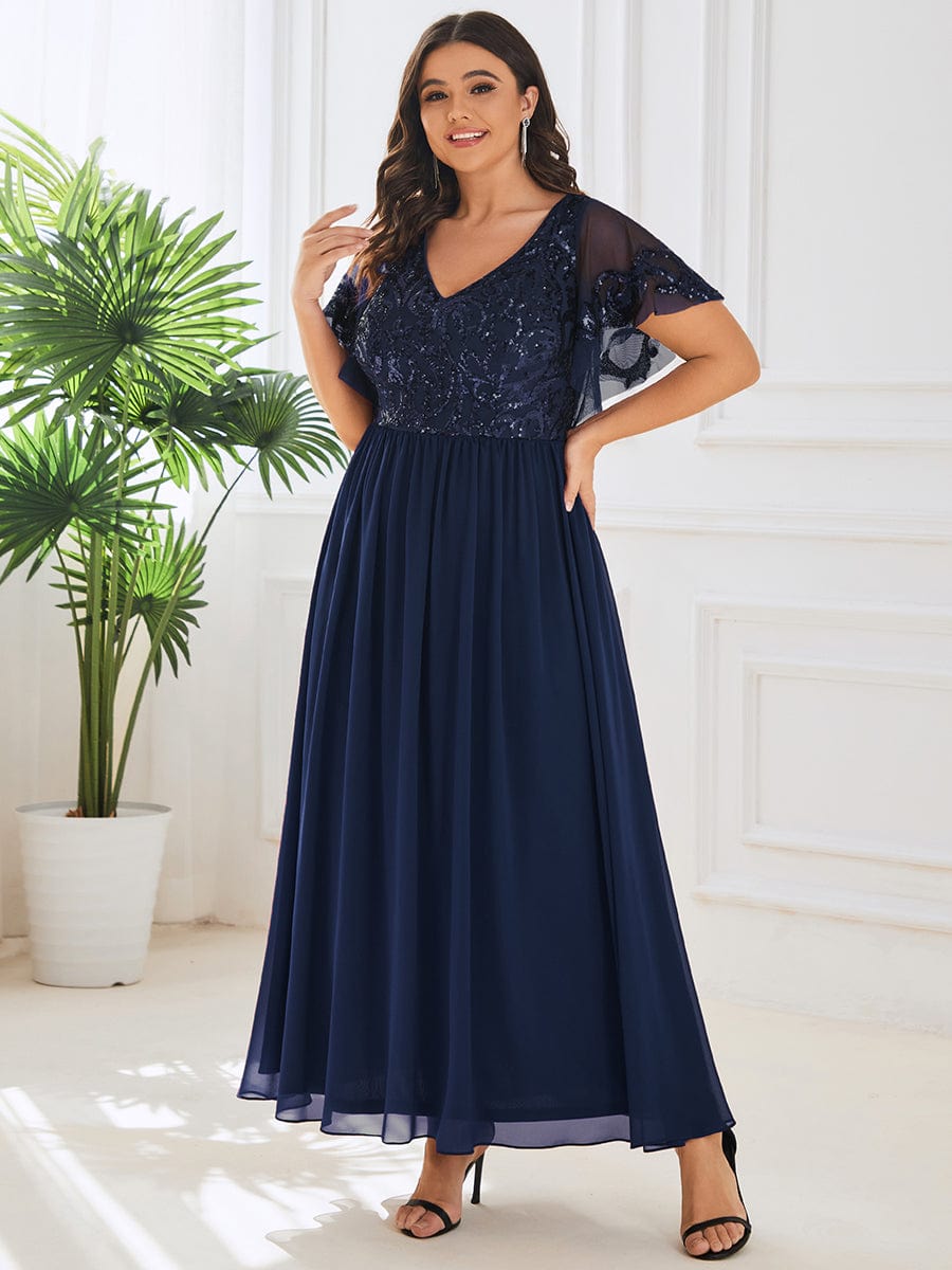 Sequin Chiffon Plus Size Maxi Dress with Short Sleeves #color_Navy Blue