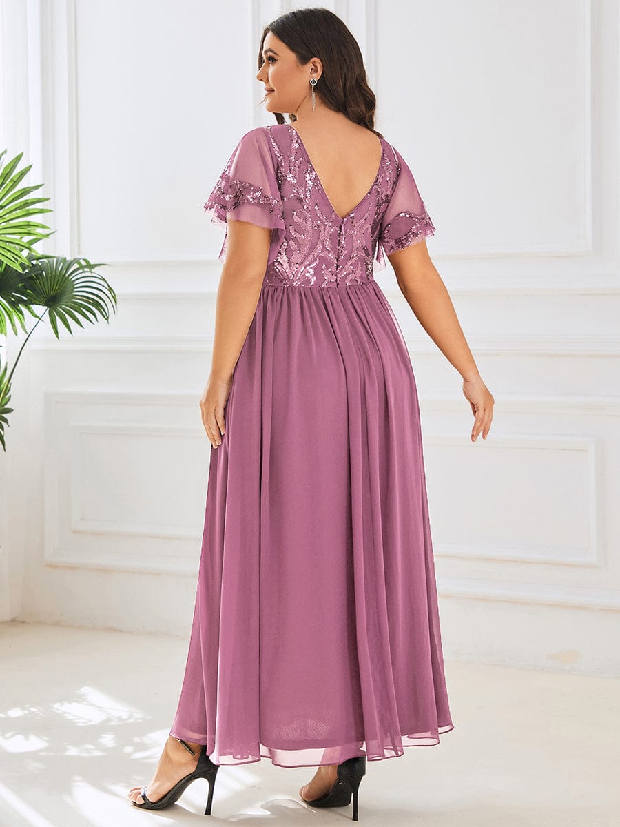 Sequin Chiffon Plus Size Maxi Dress with Short Sleeves #color_Purple Orchid