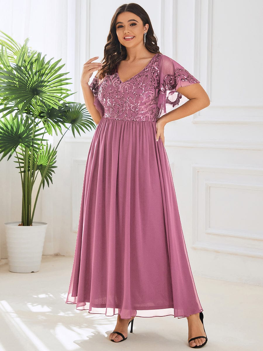 Sequin Chiffon Plus Size Maxi Dress with Short Sleeves #color_Purple Orchid