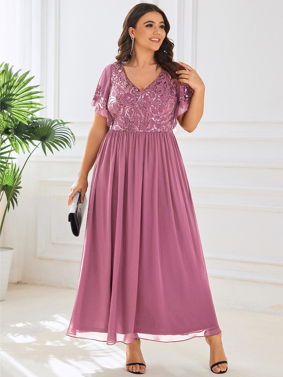 Sequin Chiffon Plus Size Maxi Dress with Short Sleeves #color_Purple Orchid