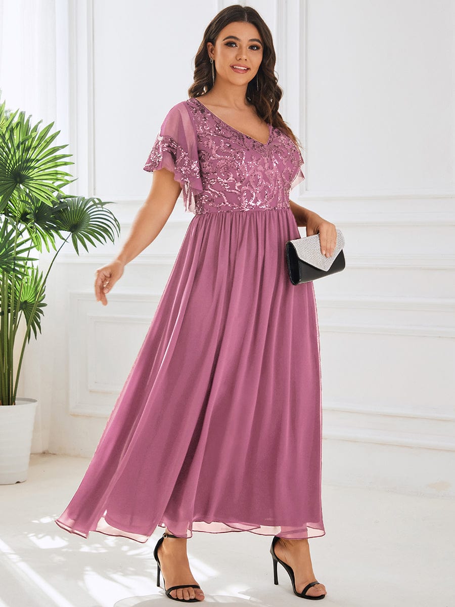 Sequin Chiffon Plus Size Maxi Dress with Short Sleeves #color_Purple Orchid