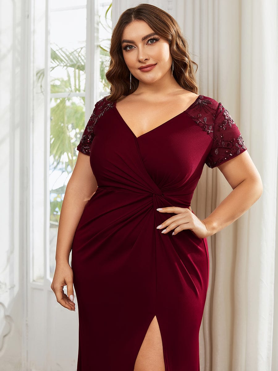 Twist Front Plus Size Maxi Dress with Embellished Sleeves #color_Burgundy