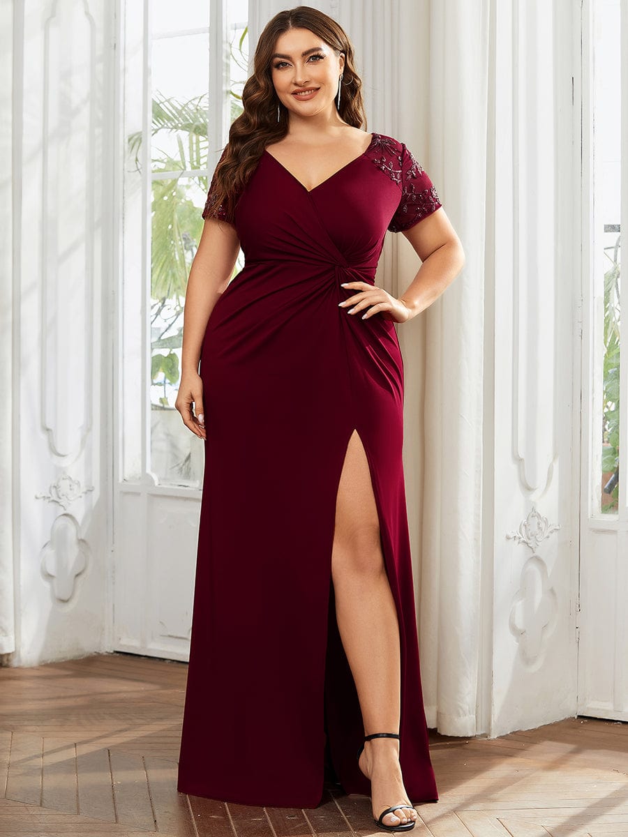 Twist Front Plus Size Maxi Dress with Embellished Sleeves #color_Burgundy