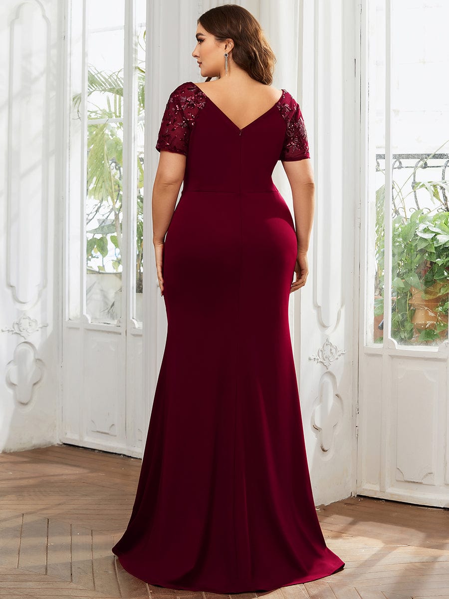 Twist Front Plus Size Maxi Dress with Embellished Sleeves #color_Burgundy